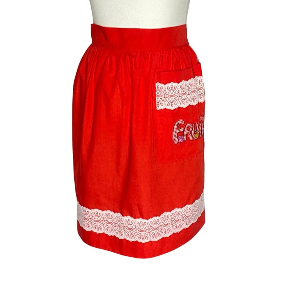 VTG Half Apron Red Lace Trim Retro 50s Hostess Kitchen Mrs Claus Costume Pocket